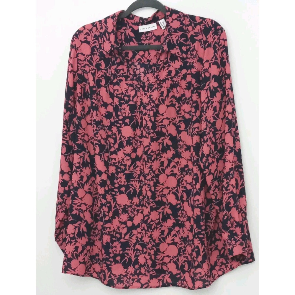 Susan Graver Blue & Pink Floral Blouse Pullover V-Neck Women's Size 1X